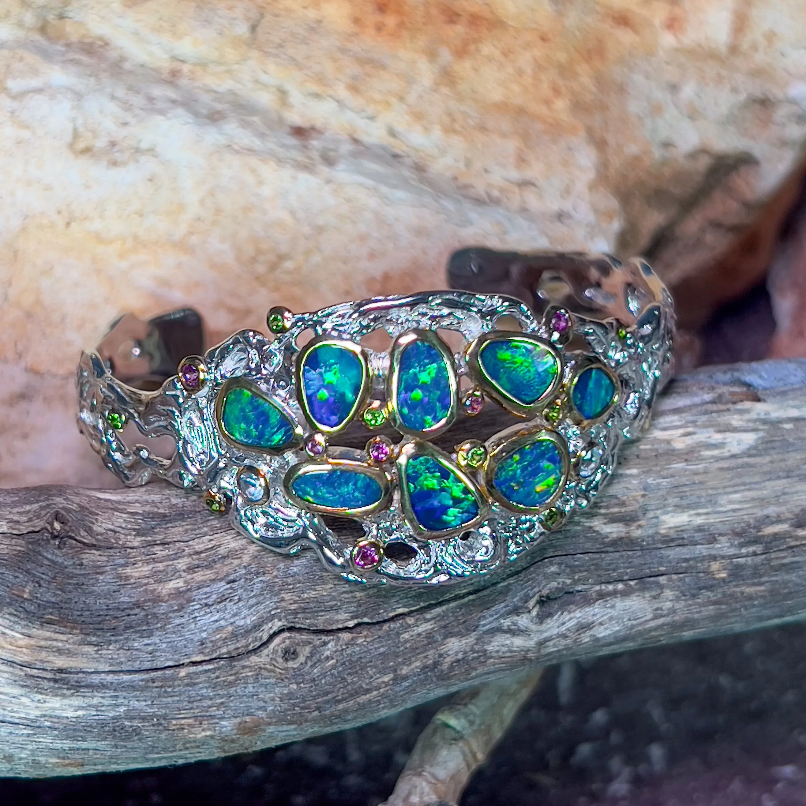 Sterling Silver Coral design Bangle Opal and colour gems