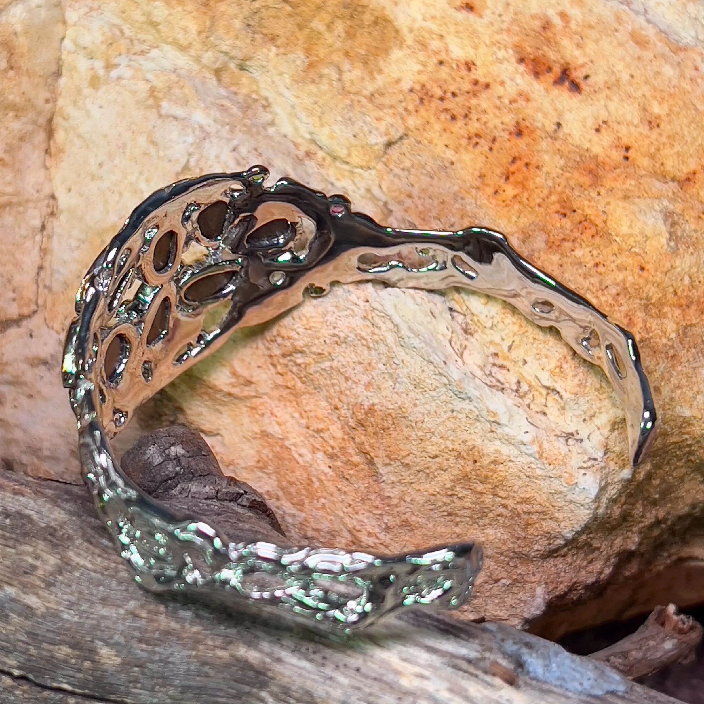 Sterling Silver Coral design Bangle Opal and colour gems