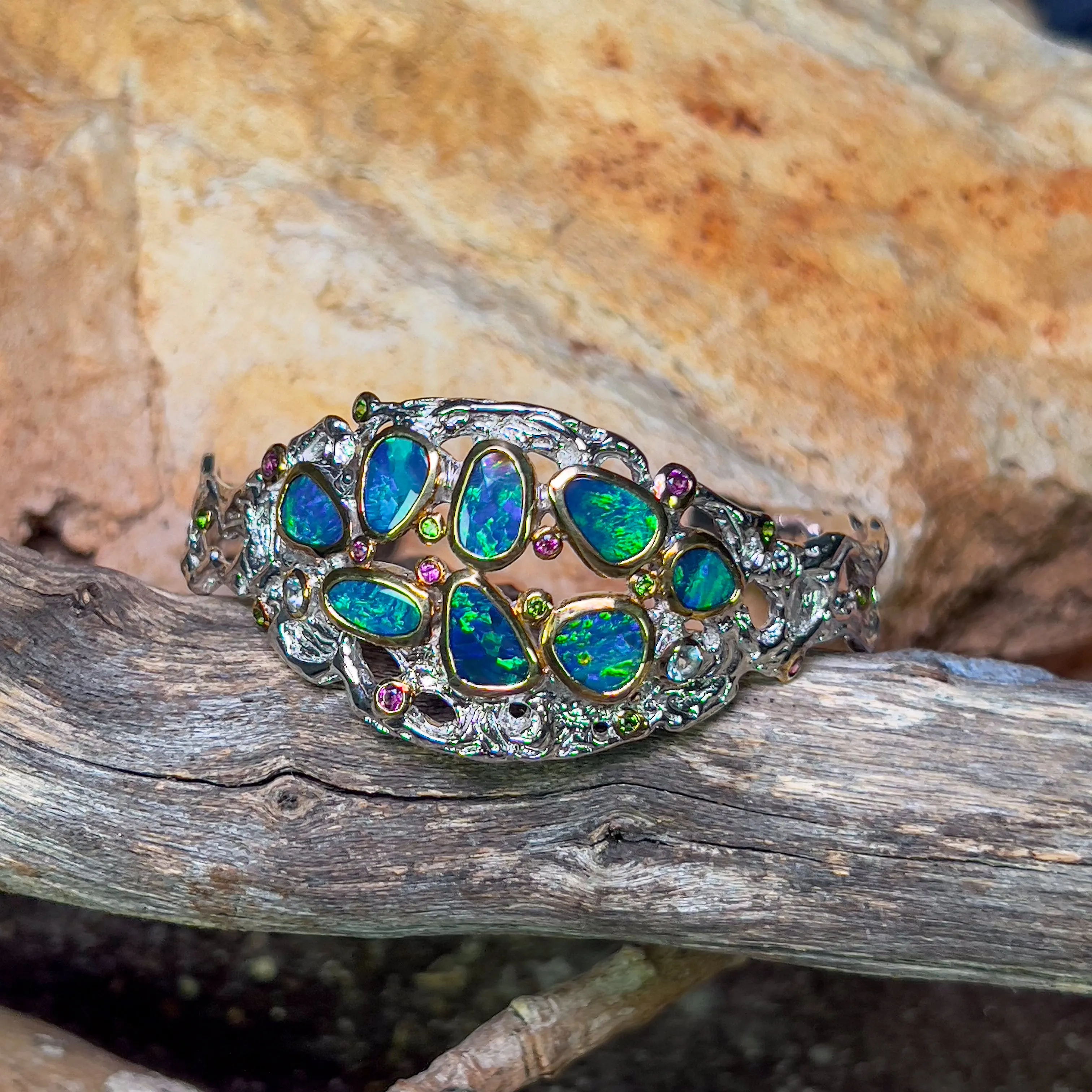 Sterling Silver Coral design Bangle Opal and colour gems