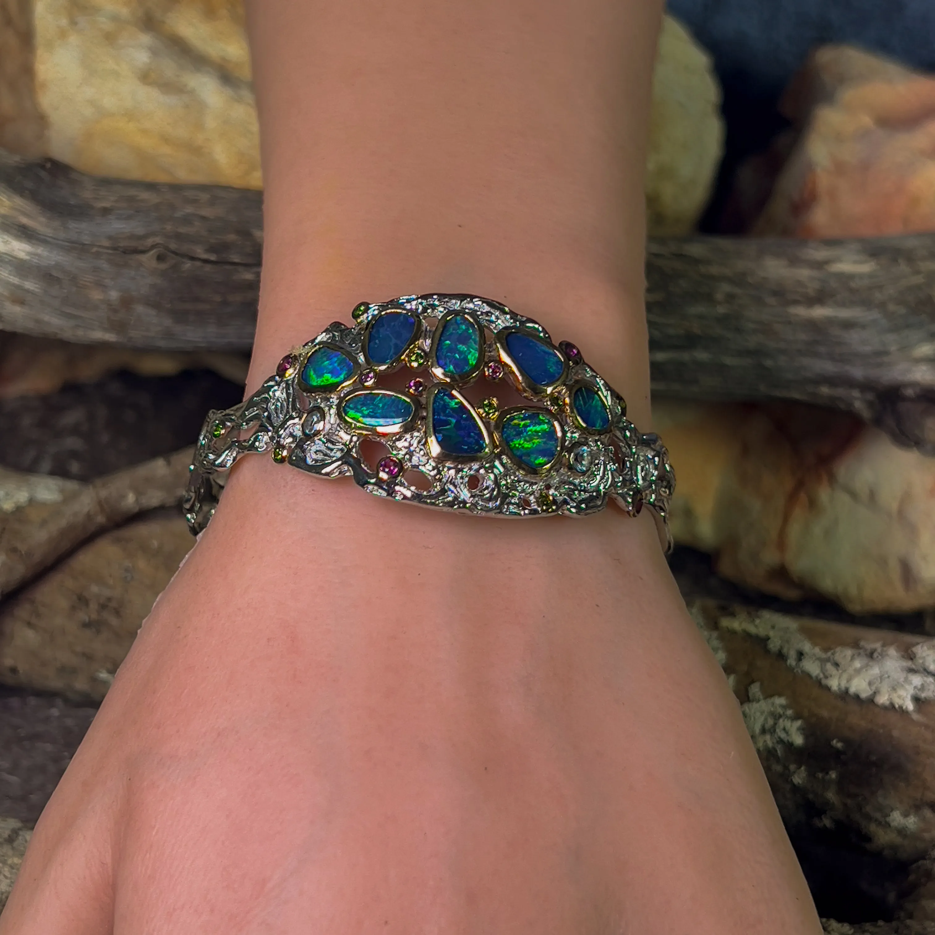 Sterling Silver Coral design Bangle Opal and colour gems