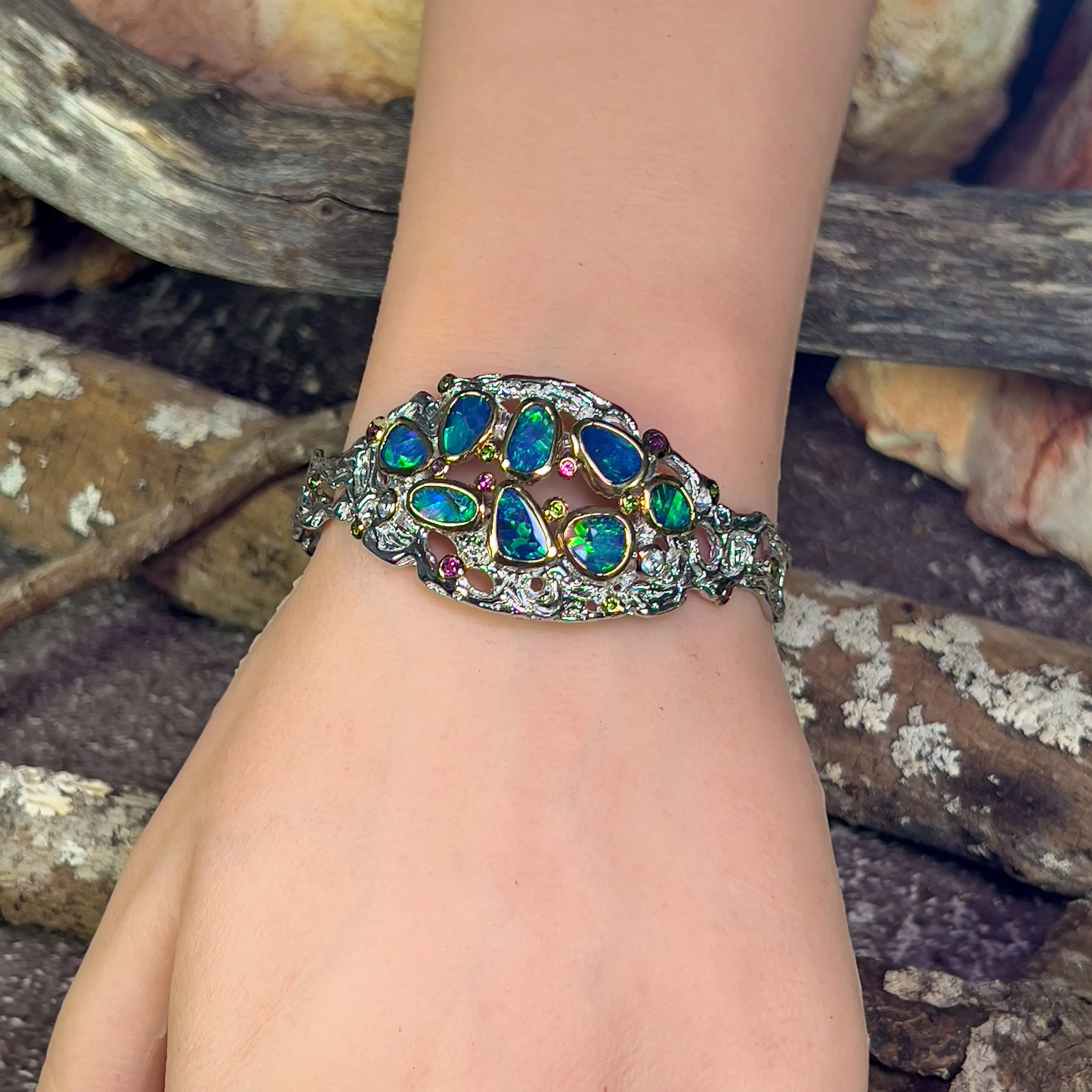 Sterling Silver Coral design Bangle Opal and colour gems