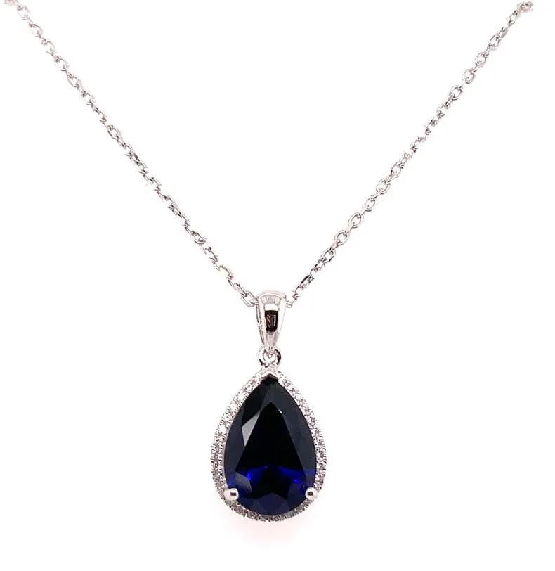 Sterling Silver Large Pear Shape Sapphire Cz Halo Pendant