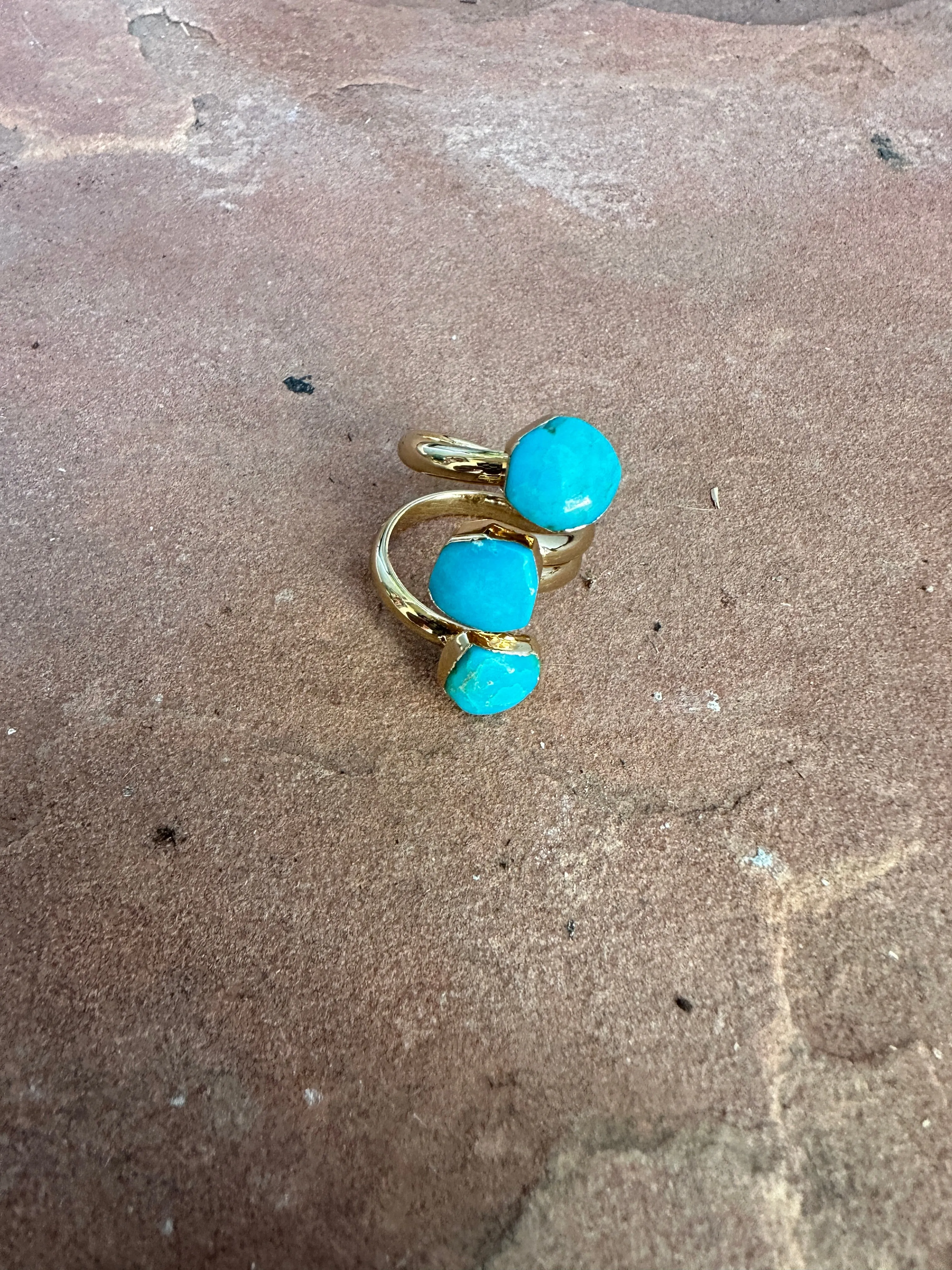 “The Golden Collection” Triple Stone Handmade Natural Turquoise Gold Plated Adjustable Ring