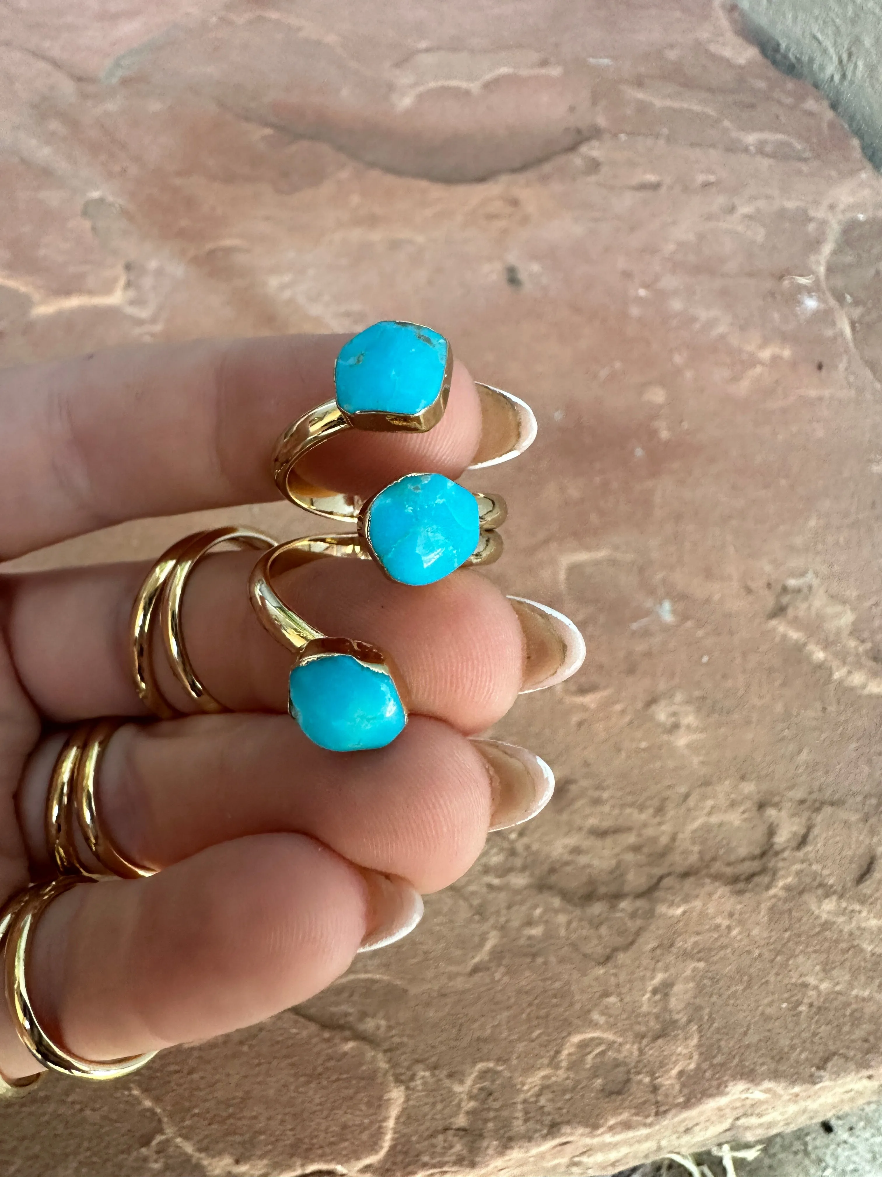 “The Golden Collection” Triple Stone Handmade Natural Turquoise Gold Plated Adjustable Ring