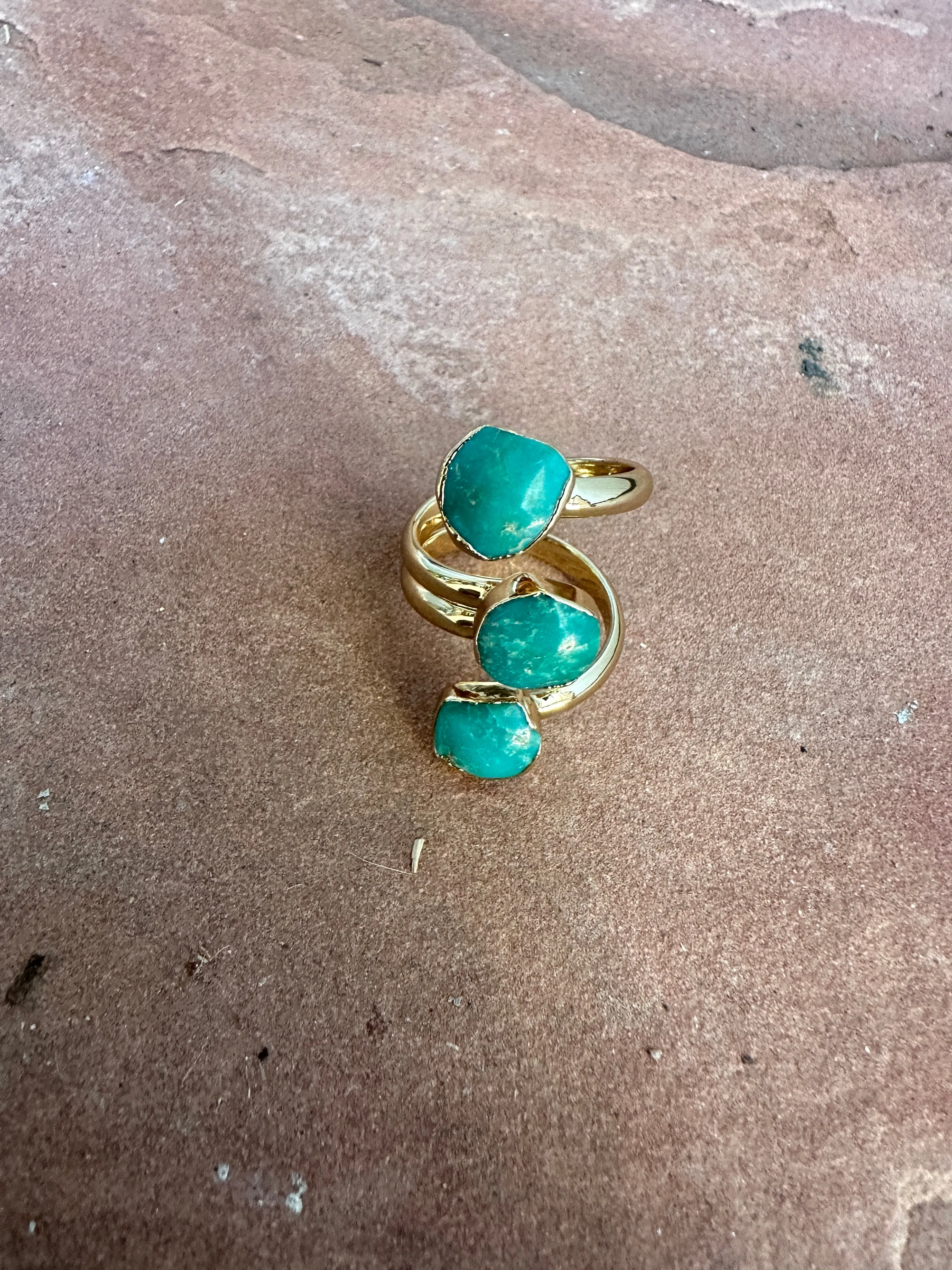 “The Golden Collection” Triple Stone Handmade Natural Turquoise Gold Plated Adjustable Ring