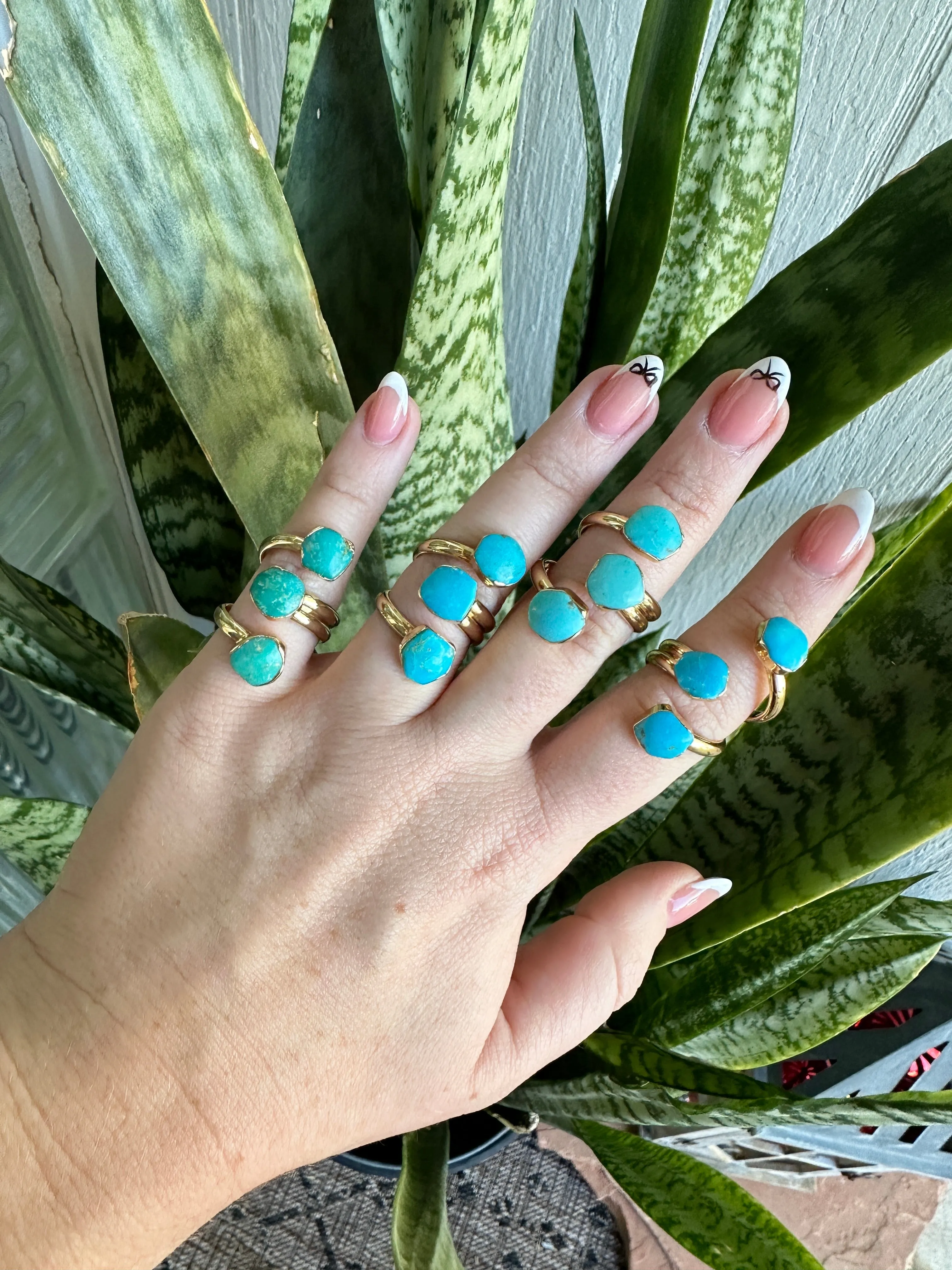 “The Golden Collection” Triple Stone Handmade Natural Turquoise Gold Plated Adjustable Ring