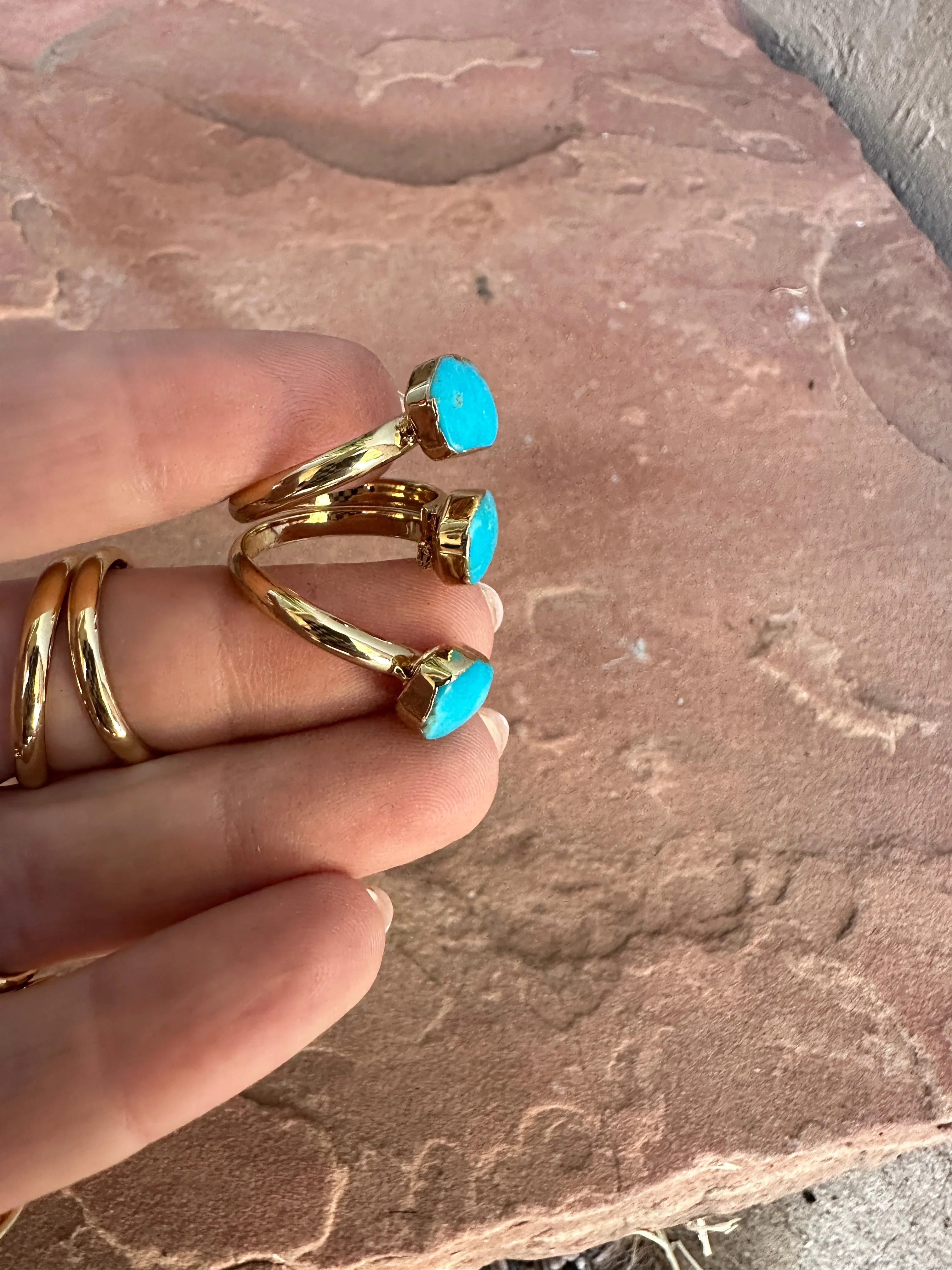 “The Golden Collection” Triple Stone Handmade Natural Turquoise Gold Plated Adjustable Ring