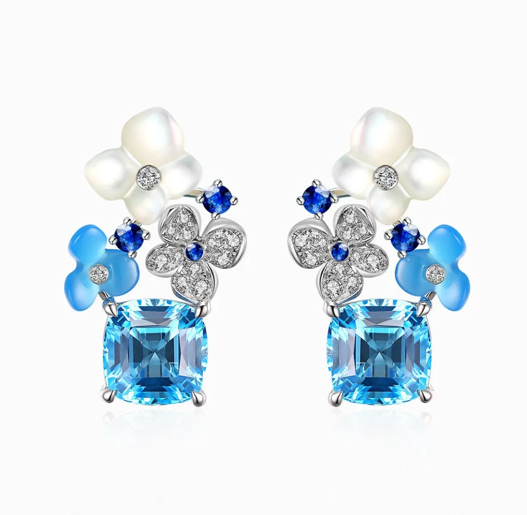 THIALH - FAUNA & FLORA - Hydrange Topaz and Sapphire Diamond Earrings