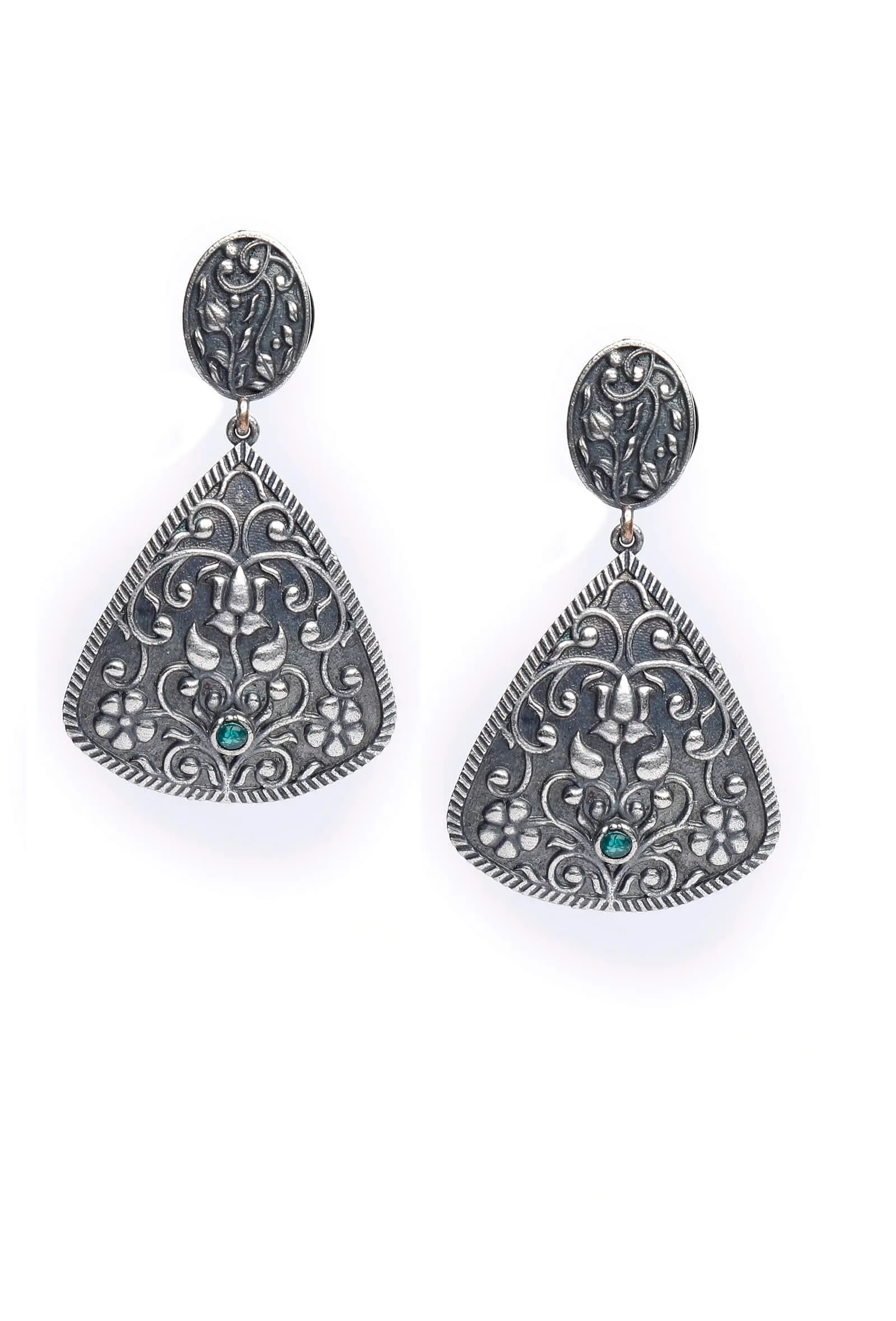 Triangular Engraved Brass Earrings With Green Stone