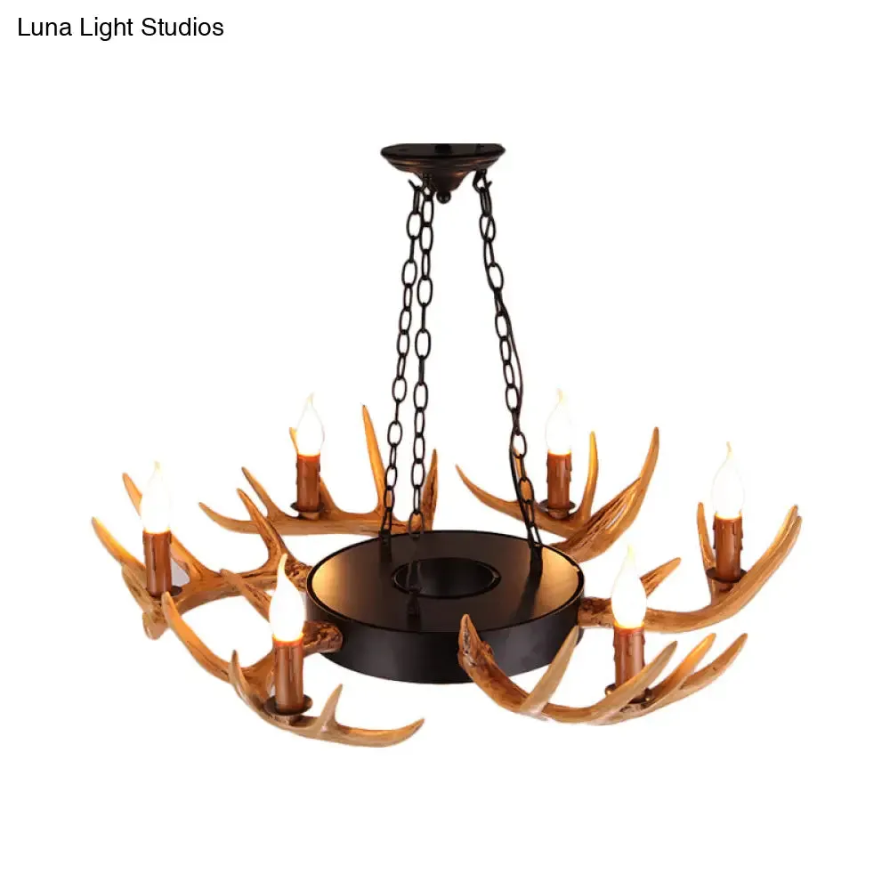 Village Wood Candelabra Chandelier - 6-Light Resin Lamp for Living Room Pendant Lighting