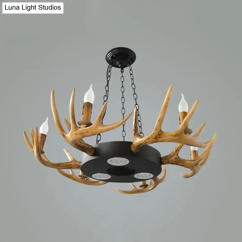 Village Wood Candelabra Chandelier - 6-Light Resin Lamp for Living Room Pendant Lighting