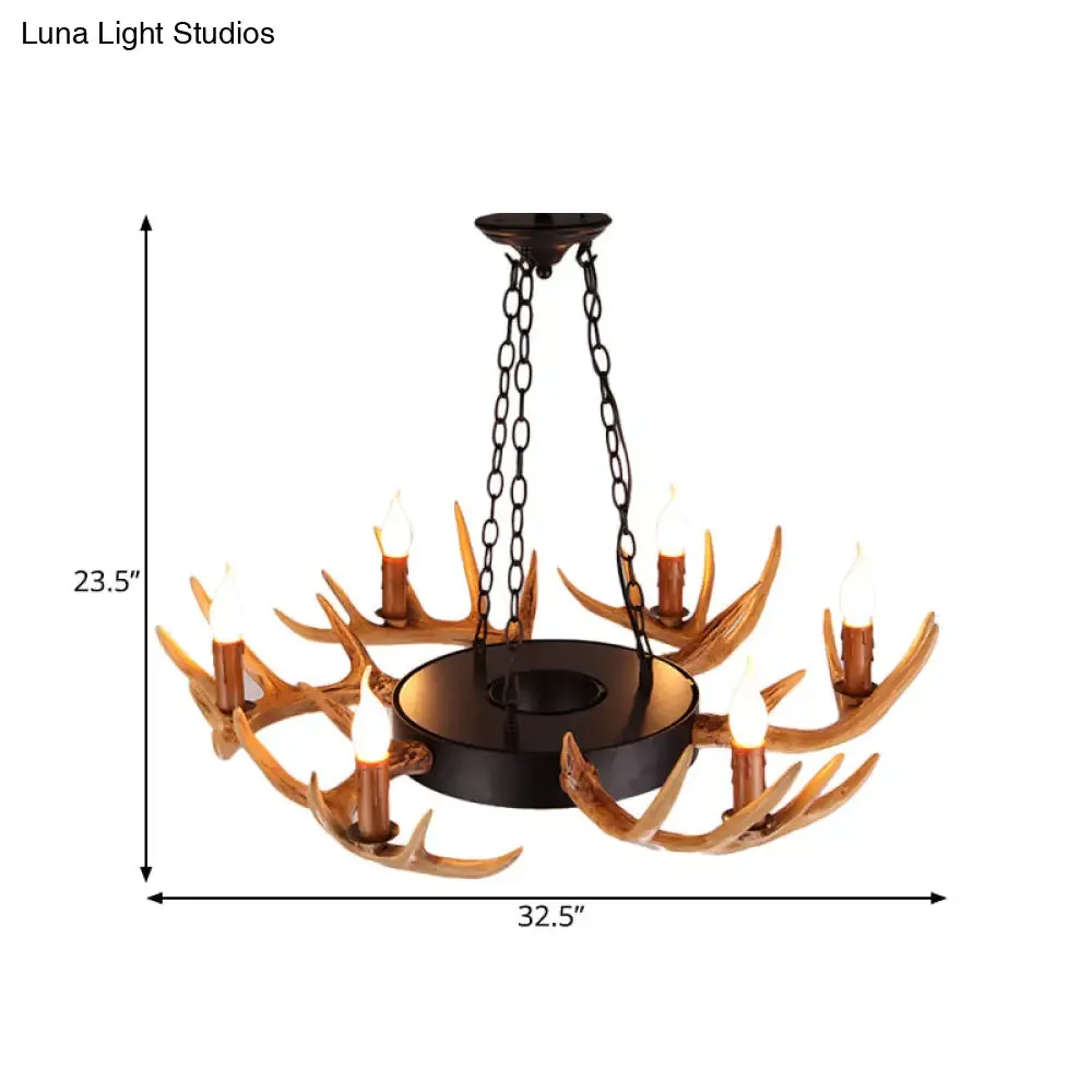 Village Wood Candelabra Chandelier - 6-Light Resin Lamp for Living Room Pendant Lighting