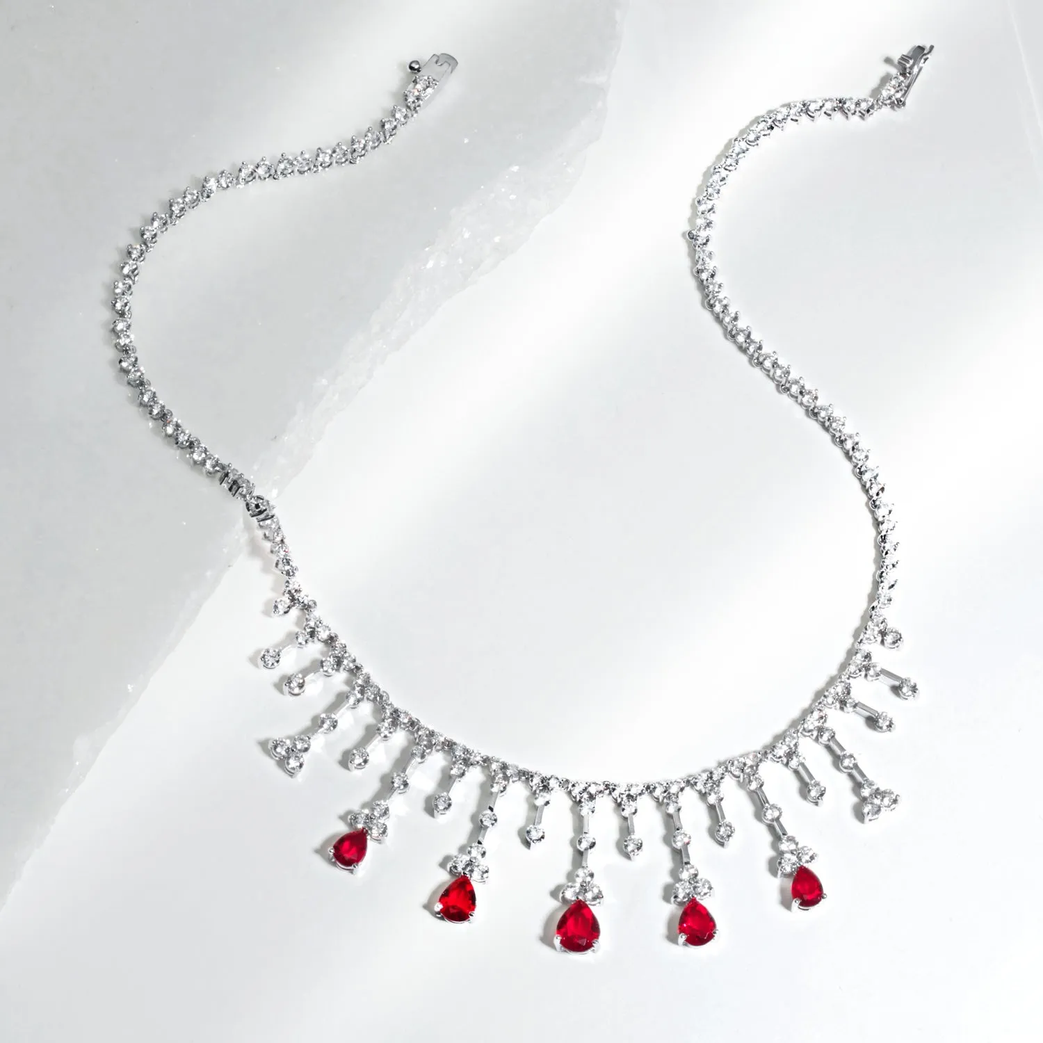 Vintage Style Red CZ Teardrop Collar Necklace Silver Plated Brass