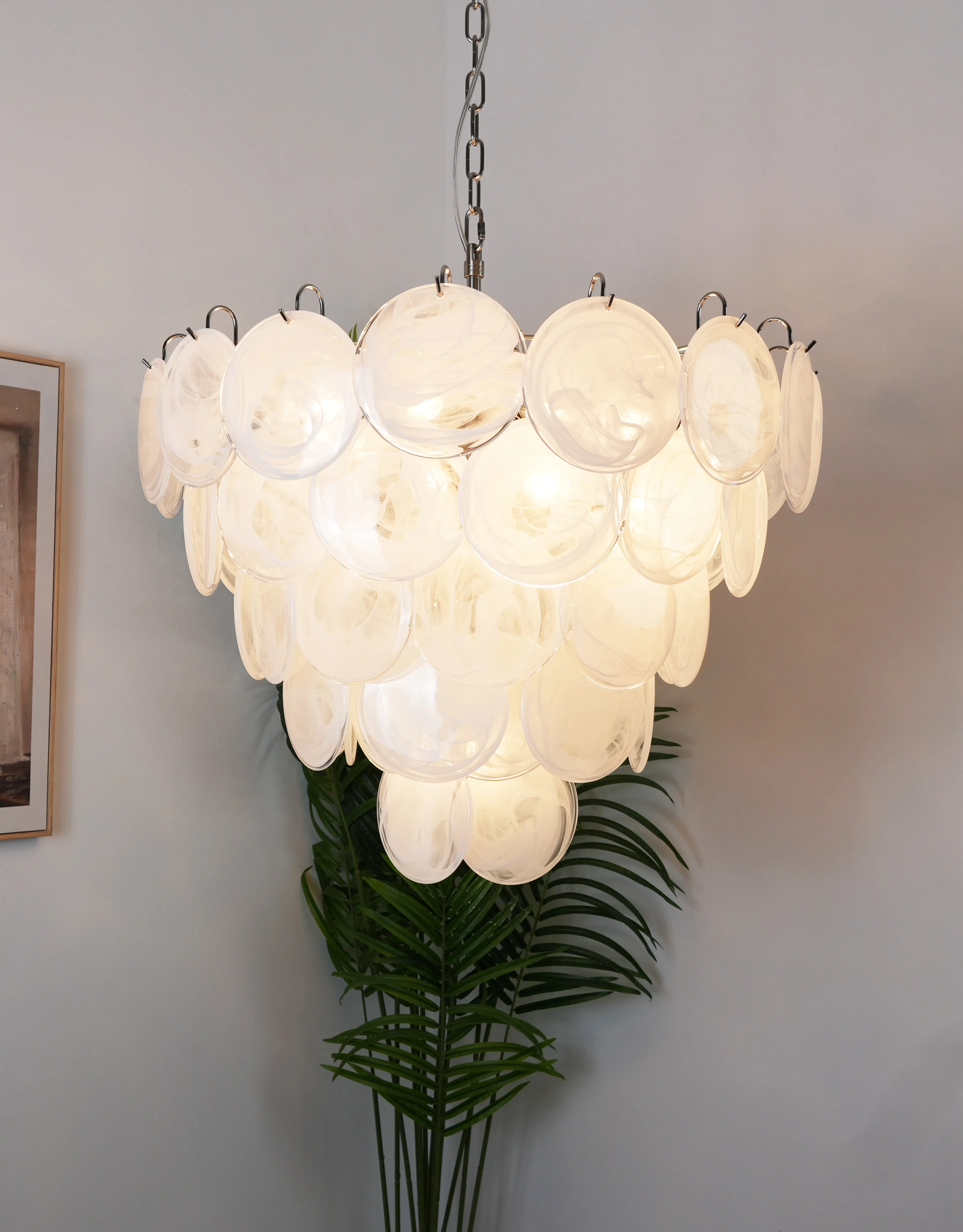 Vintage White Murano Disc Glass Chandelier