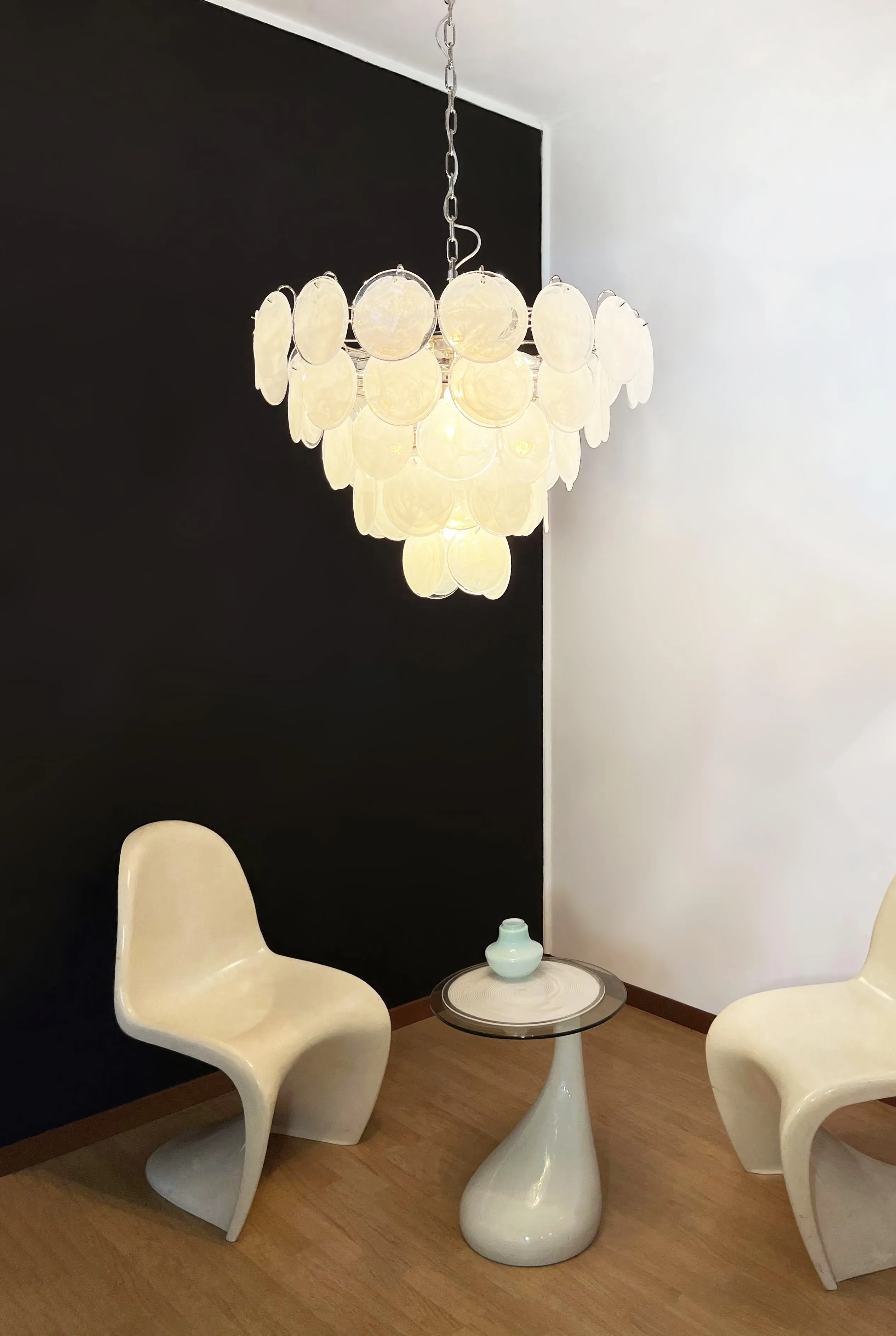 Vintage White Murano Disc Glass Chandelier