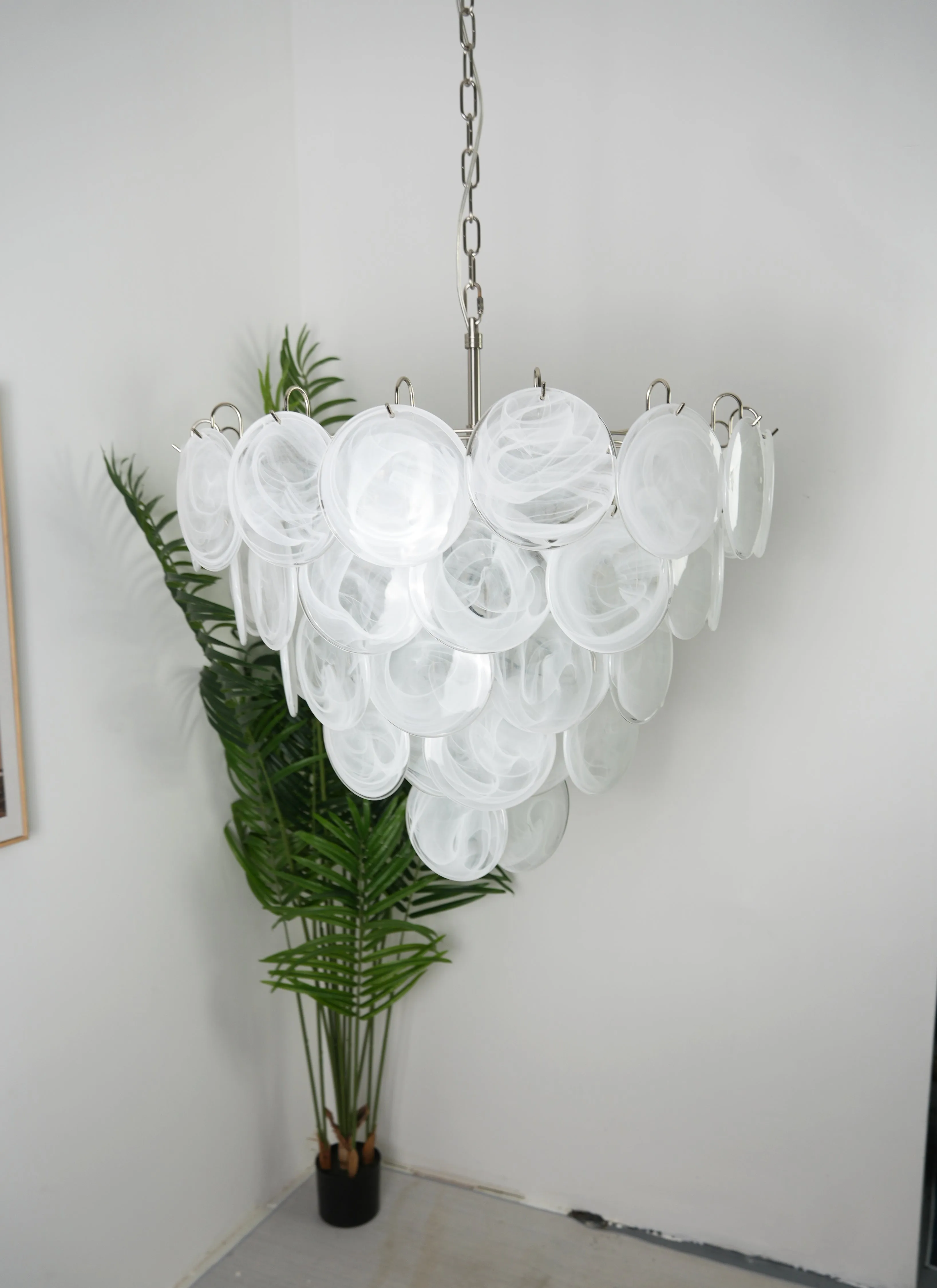 Vintage White Murano Disc Glass Chandelier