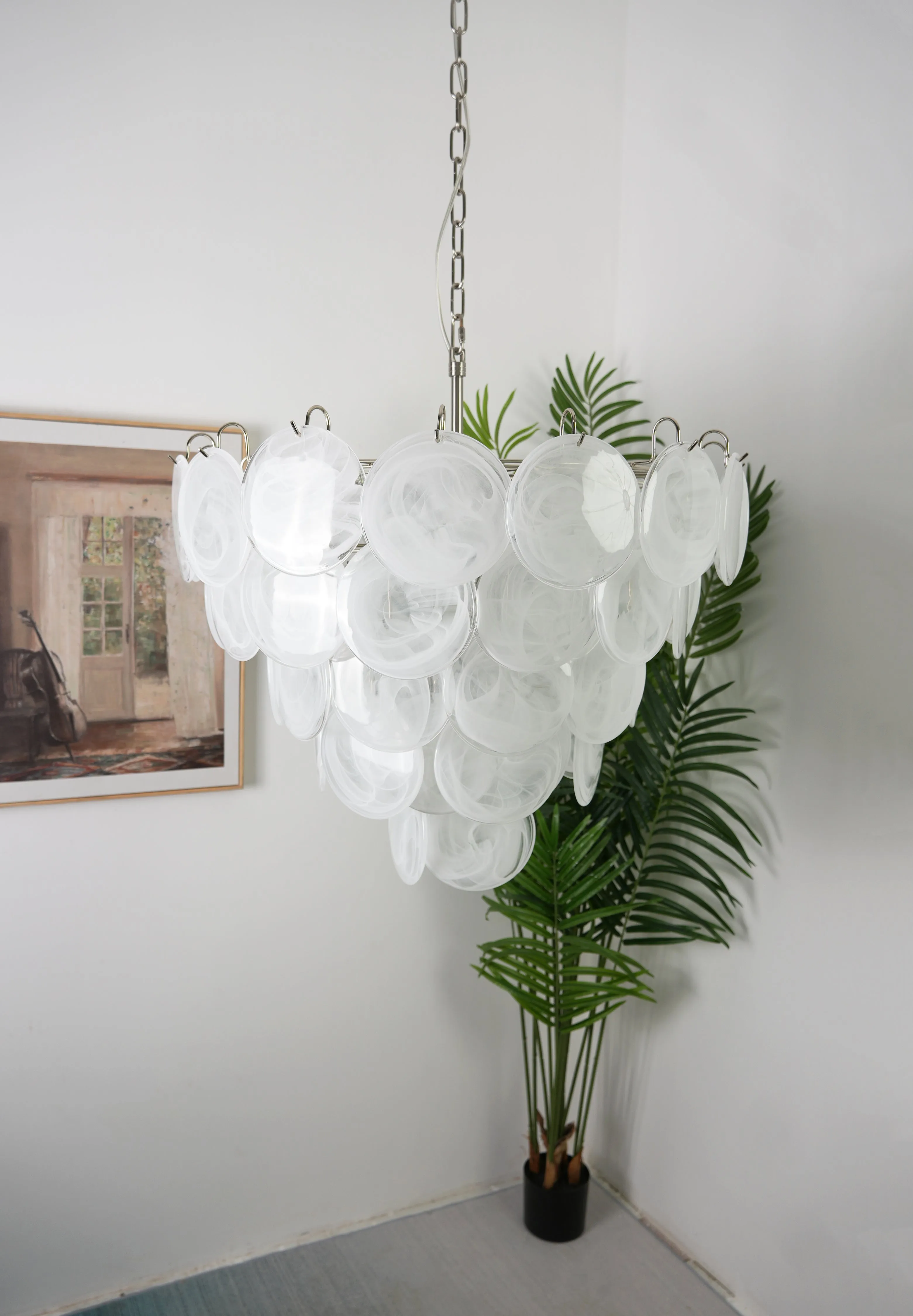 Vintage White Murano Disc Glass Chandelier