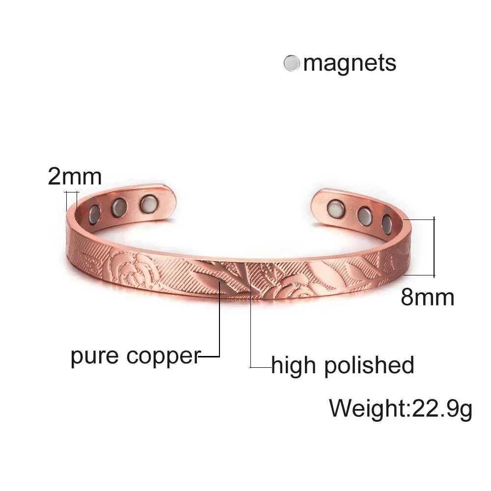 Vinterly Magnetic Bracelets Rose Copper Adjustable Cuff Bangles Women Men Energy Jewelry Resizable Pain Relief for Arthritis