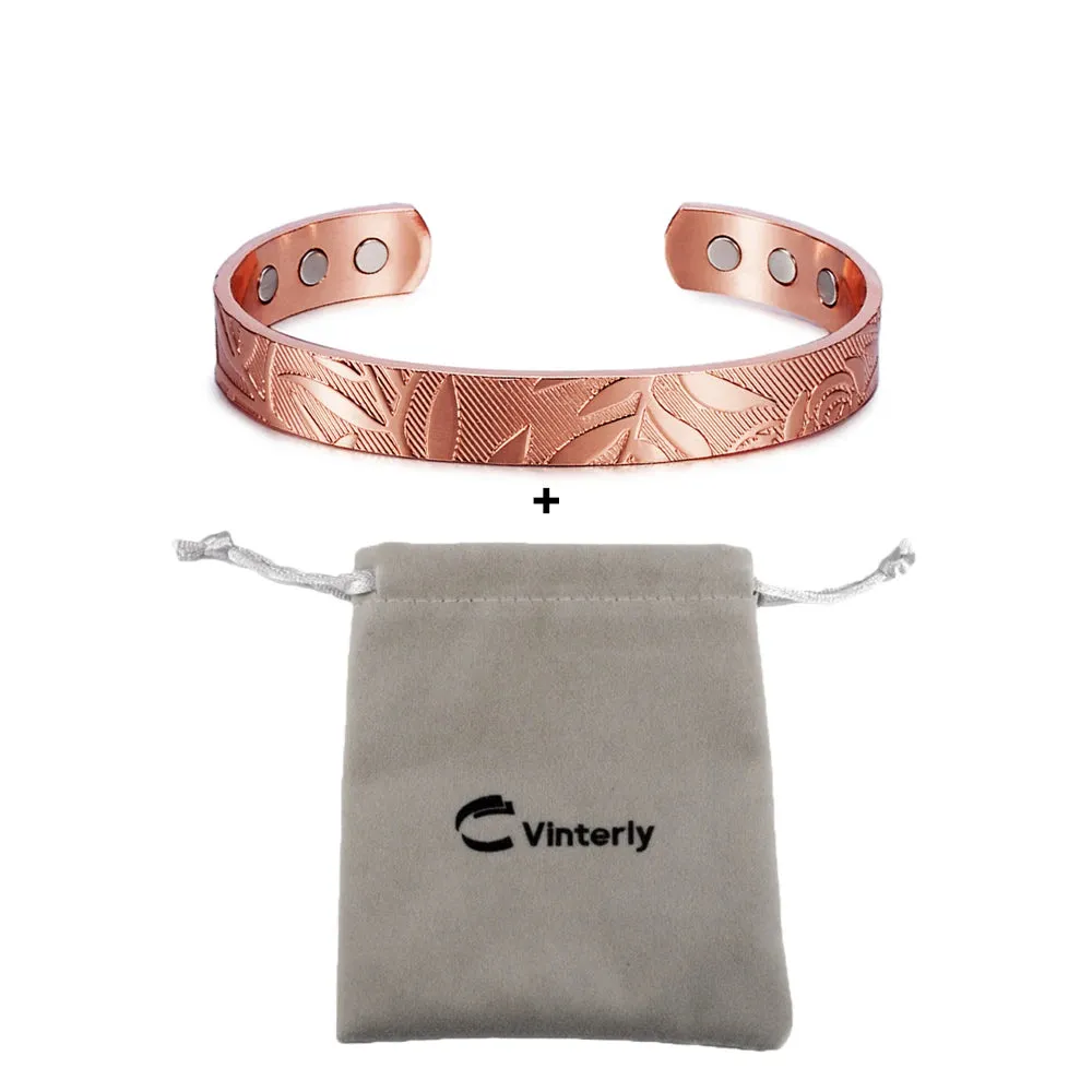 Vinterly Magnetic Bracelets Rose Copper Adjustable Cuff Bangles Women Men Energy Jewelry Resizable Pain Relief for Arthritis