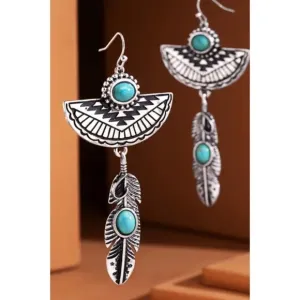 Western Silver Turquoise Navajo Bohemian Feather Dandle Earrings