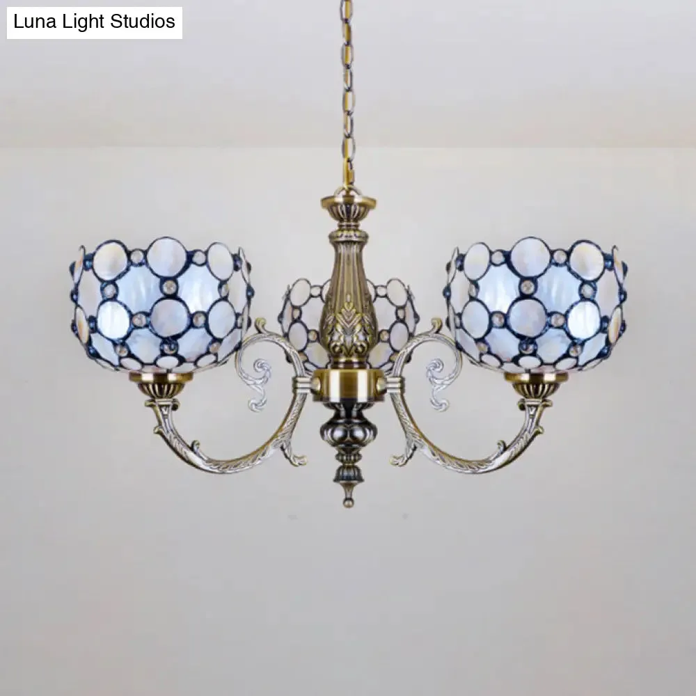 White Tiffany Style Stained Glass Chandelier- 3 Light Bowl Suspension for Living Room