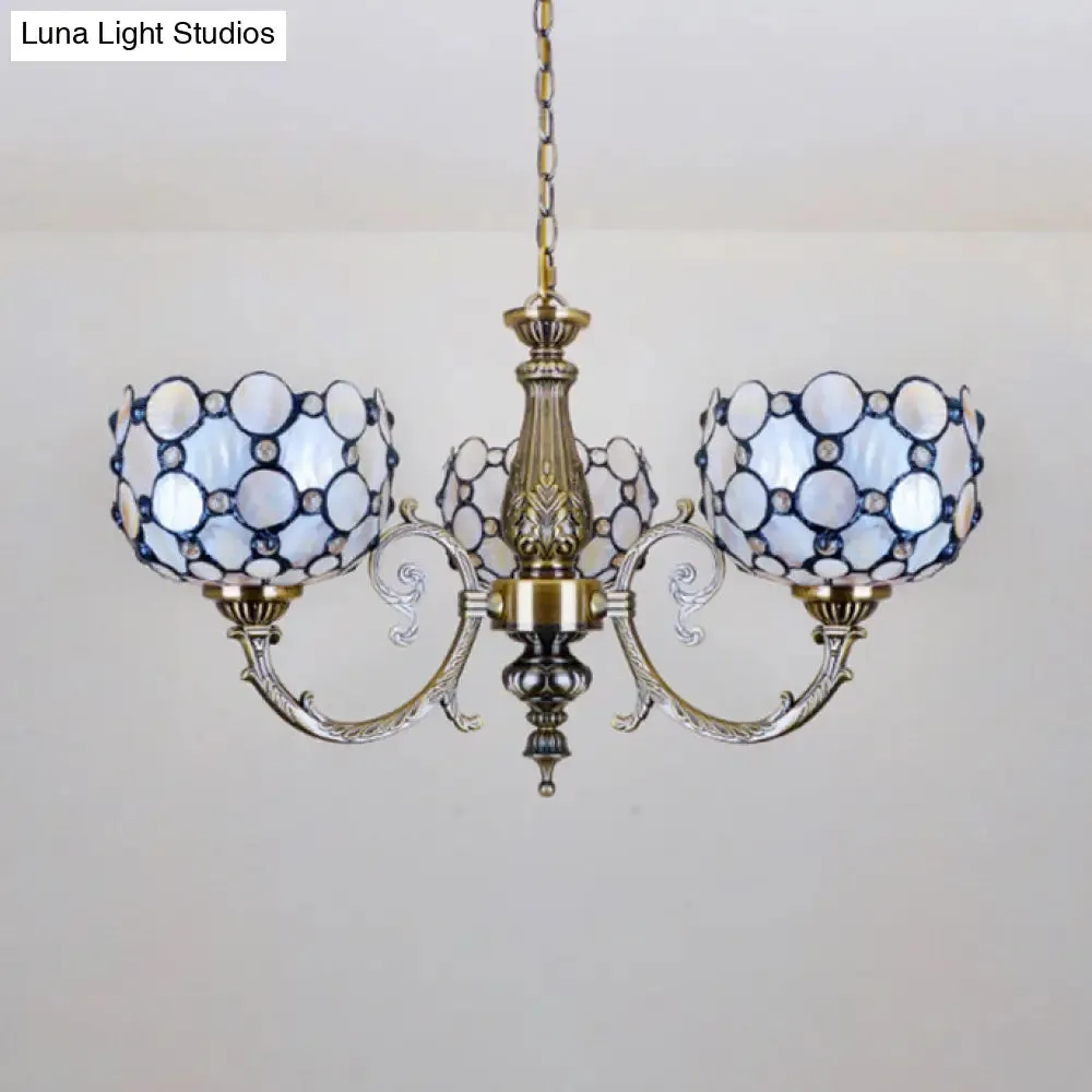 White Tiffany Style Stained Glass Chandelier- 3 Light Bowl Suspension for Living Room