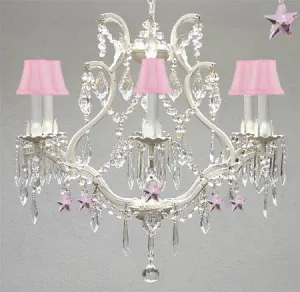 Wrought Iron & Crystal Chandelier Authentic Empress Crystal(Tm) Chandelier With Pink Stars Nursery Kids Girls Bedrooms Kitchen Etc. With Pink Shades - A83-Pinkshades/White/B38/3530/6